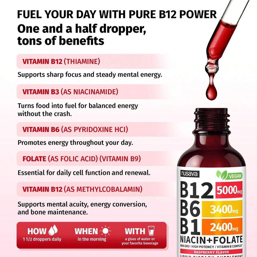 Vitamin B12 And B6 Liquid Drops, B12 Sublingual Vitamin B Complex - B 12 Vitamin 5000mcg - B12 Methylcobalamin For Energy, Brain, And Heart Support With 27,200 Mcg, Raspberry - 2 Pack