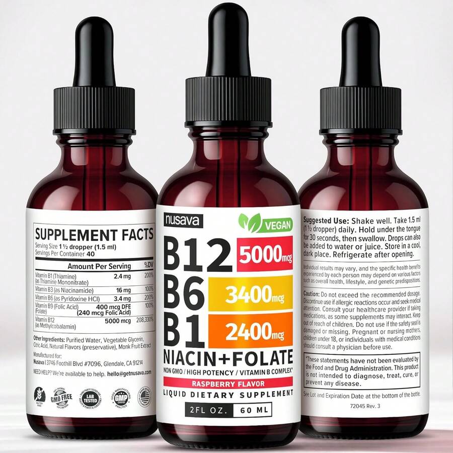Vitamin B12 And B6 Liquid Drops, B12 Sublingual Vitamin B Complex - B 12 Vitamin 5000mcg - B12 Methylcobalamin For Energy, Brain, And Heart Support With 27,200 Mcg, Raspberry - 2 Pack