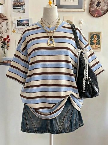Lalippa Women's Oversized Striped Graphic T-Shirt – Digital Print Casual Drop Shoulder Mid-Length Crew Neck Tee | Gift for Friends