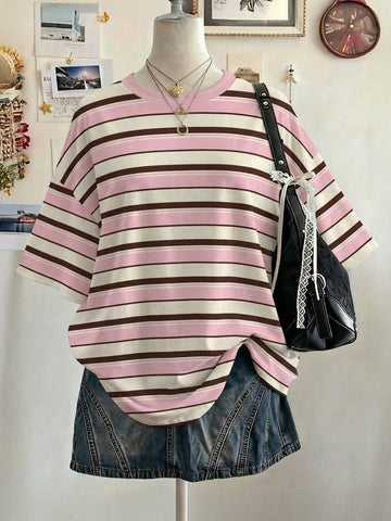 Lalippa Women's Oversized Striped Graphic T-Shirt – Digital Print Casual Drop Shoulder Mid-Length Crew Neck Tee | Gift for Friends1