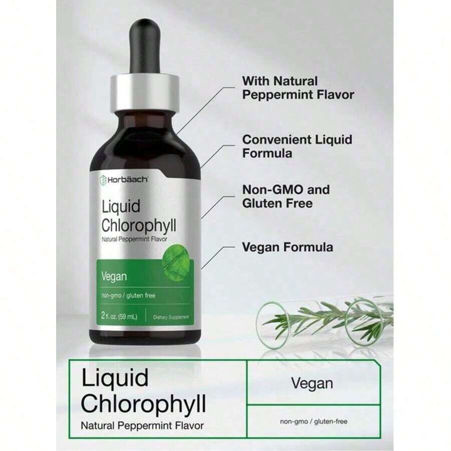 Horbäach Liquid Chlorophyll Drops |   2 Oz |   Vegan, Non-GMO, And Gluten Free Formula |   Natural Peppermint Flavor - Default Color