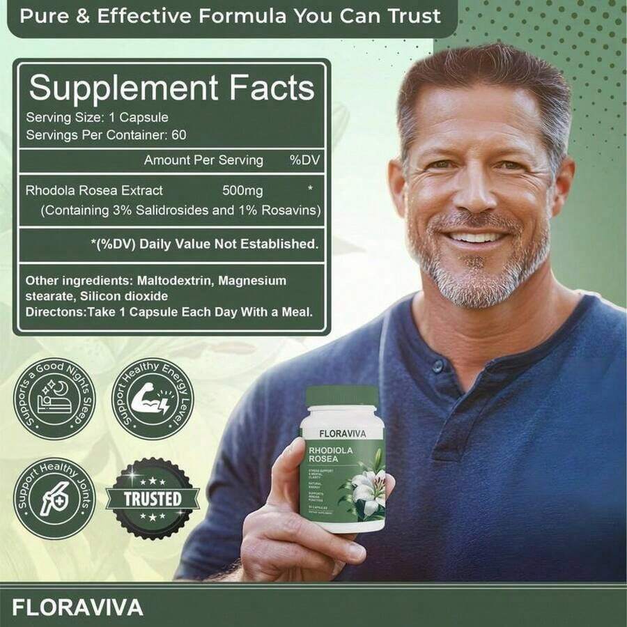 Flash  Floraviva Rhodiola Rosea Capsules For Natural Energy GMO Excluded - Default Color