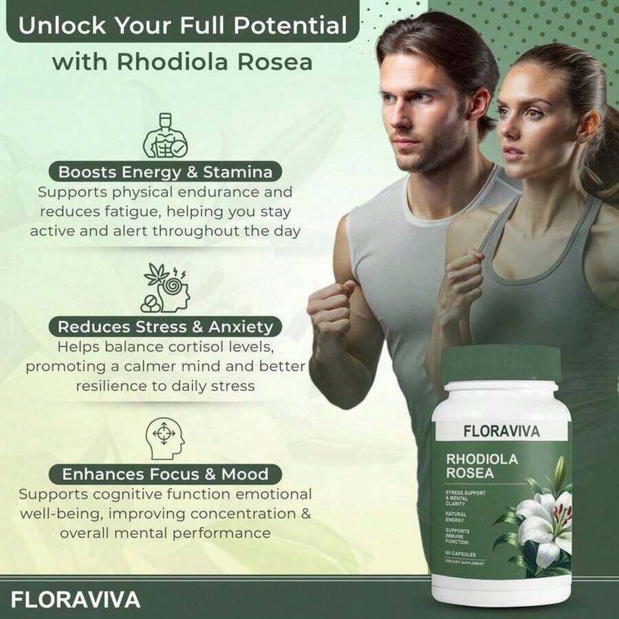 Flash  Floraviva Rhodiola Rosea Capsules For Natural Energy GMO Excluded - 2 Bottles