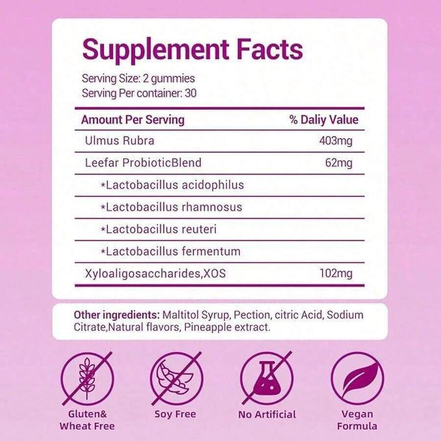 LEEFAR Women's Probiotic Gummies With Slippery Elm - Tropical Pineapple Flavor For PH Balance Digestive & Immune Health - 60 Gummies Per Pack - 2PC