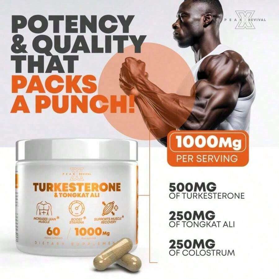 Peak Revival-X Turkesterone + Tongkat Ali + Colostrum – Testosterone, Muscle Growth & Energy Support – 60 Capsules - One