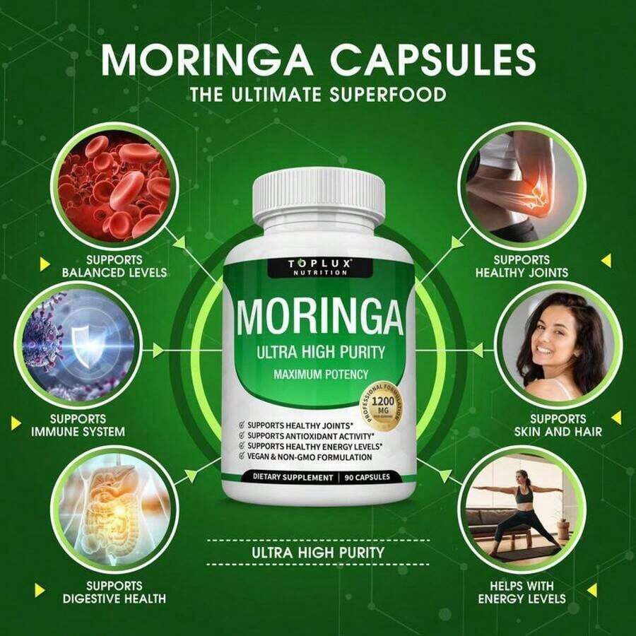 1200mg Moringa Capsules -Pure MoringaPowder For Lmmune, Gut Health Rich In EssentialVitamins, Minerals & Plant Protein TosupportEnergy, Wellness & Vitality 90 Capsules Natural Formula - 3 Bottles