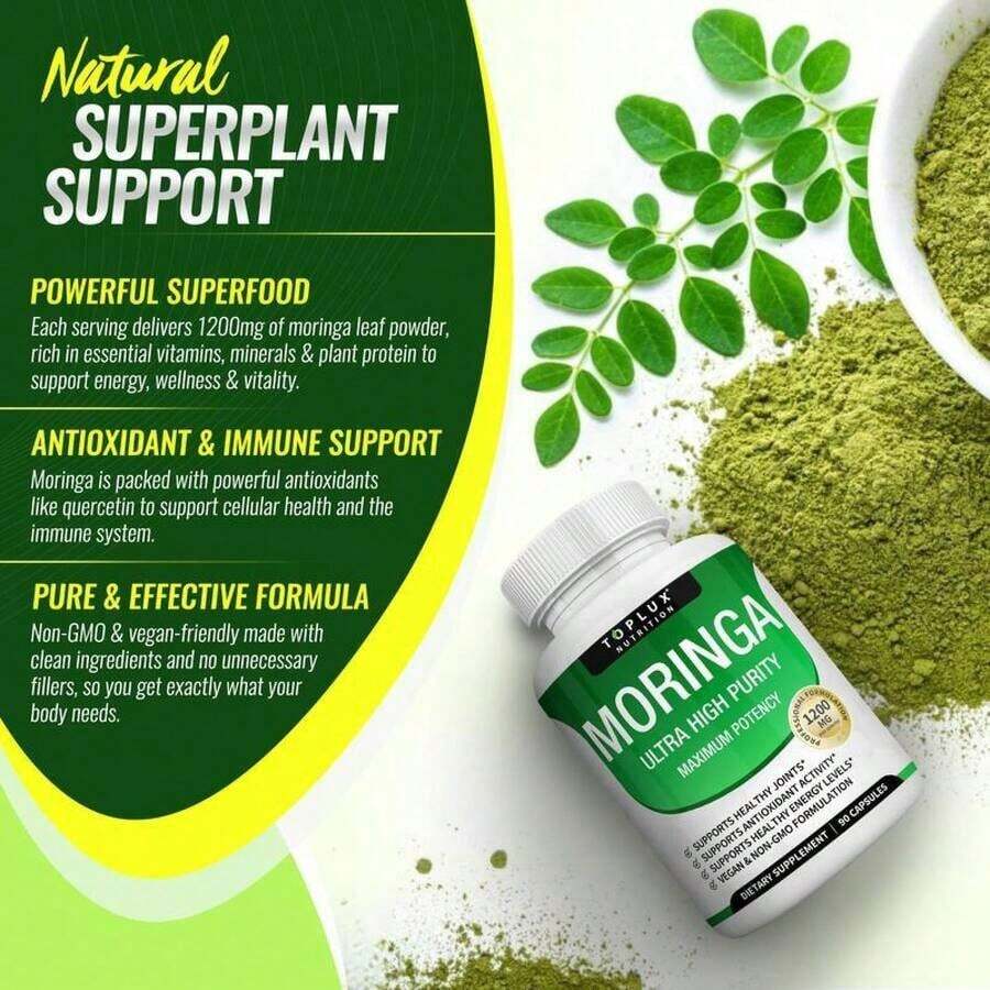 1200mg Moringa Capsules -Pure MoringaPowder For Lmmune, Gut Health Rich In EssentialVitamins, Minerals & Plant Protein TosupportEnergy, Wellness & Vitality 90 Capsules Natural Formula - 3 Bottles