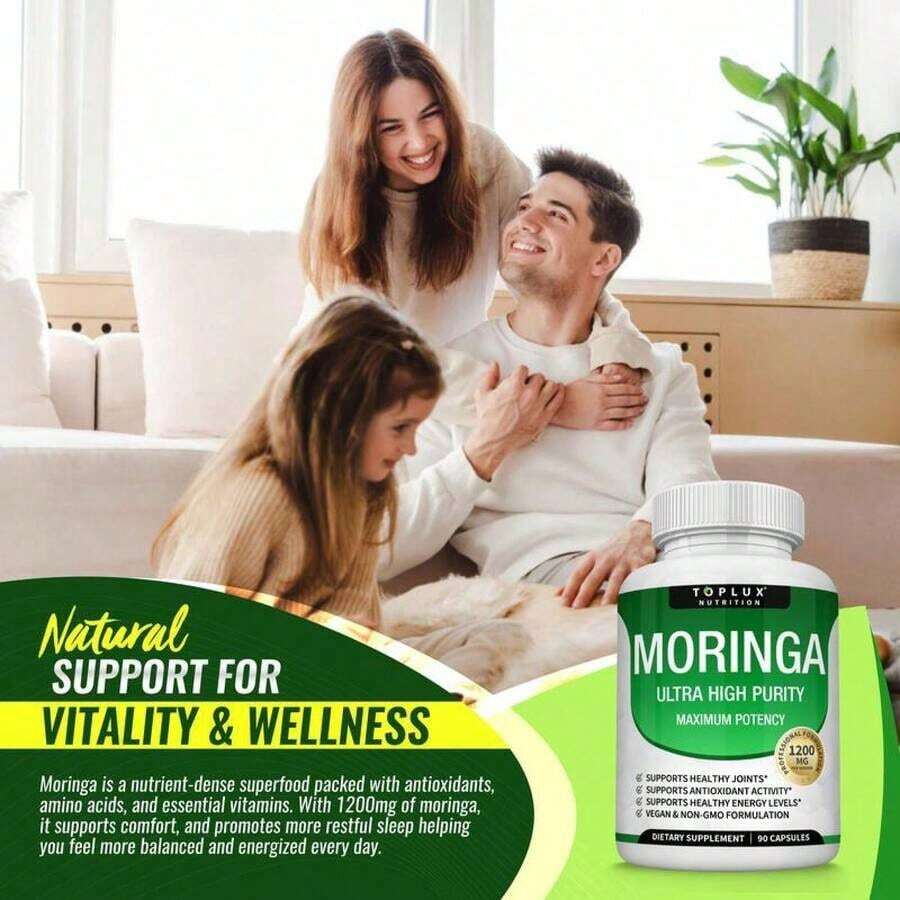 1200mg Moringa Capsules -Pure MoringaPowder For Lmmune, Gut Health Rich In EssentialVitamins, Minerals & Plant Protein TosupportEnergy, Wellness & Vitality 90 Capsules Natural Formula - Default Color