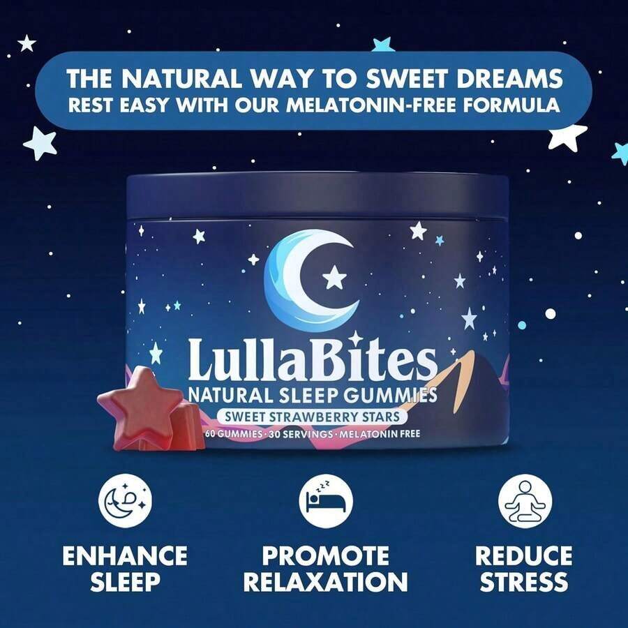 LullaBites Natural Sleep Gummies – Melatonin-Free Blend With 5-HTP, L-Theanine, Magnesium & Valerian – Vegan, Sugar-Free, Halal – Strawberry Flavor – 60 Gummies (30 Servings) - 1 Bottle