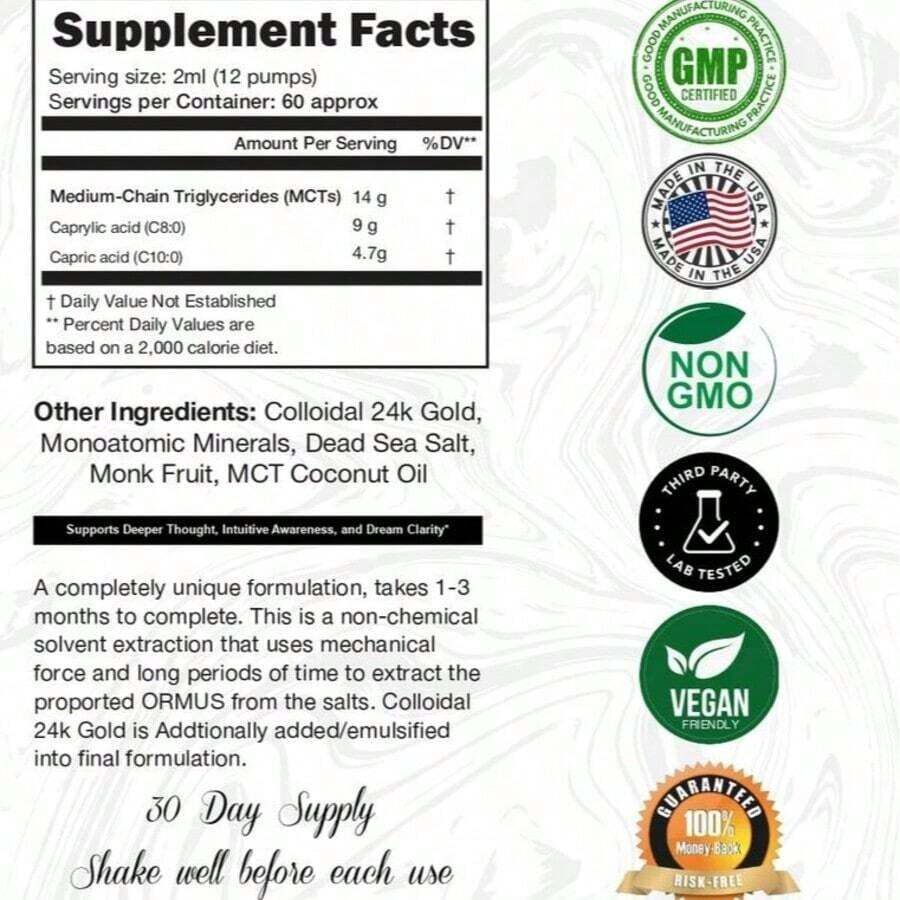 Ormus Gold Oil Monoatomic Supports Deeper Thought, Intuitive Awareness & Dream Clarity Rich With Minerals, Platinum, Iridium Non-Chemical Extraction 4oz Body Care - One