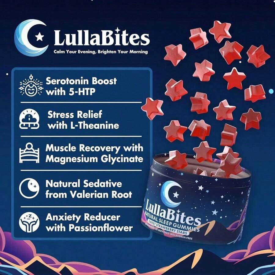 LullaBites Natural Sleep Gummies – Melatonin-Free Blend With 5-HTP, L-Theanine, Magnesium & Valerian – Vegan, Sugar-Free, Halal – Strawberry Flavor – 60 Gummies (30 Servings) - 1 Bottle