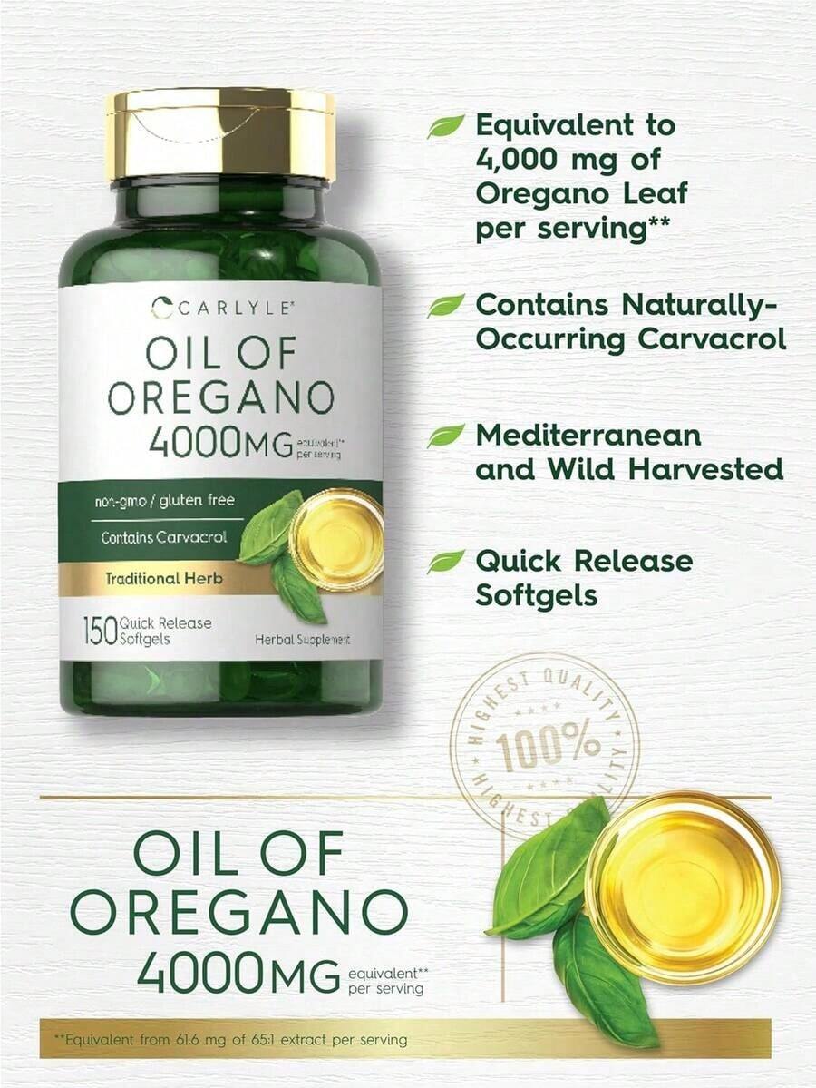 Carlyle Oregano Oil Softgels –Equivalent To4,000 Mg OfOregano Leafper Serving | Contains Naturally-Occurring Carvacrol | Mediterraneanand Wild Harvested | Quick ReleaseSoftgels | 150 Quick-Release Capsules - 1 Bottle