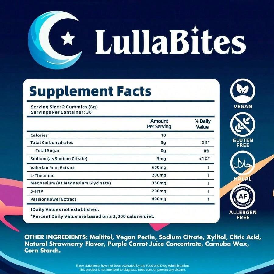 LullaBites Natural Sleep Gummies – Melatonin-Free Blend With 5-HTP, L-Theanine, Magnesium & Valerian – Vegan, Sugar-Free, Halal – Strawberry Flavor – 60 Gummies (30 Servings) - 3PCS