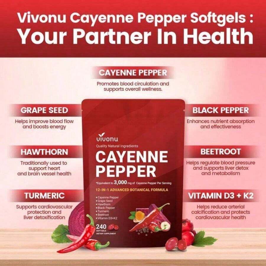 Holiday Haul Cayenne Pepper Softgels Supplement, Supports Leg Vein, Heart And Blood Vessel Health, With Vitamin E D3+K2 And Extracts Of Grape Seed, Hawthorn, Beetroot And Others (240 Softge /1 Bag) - Default Color