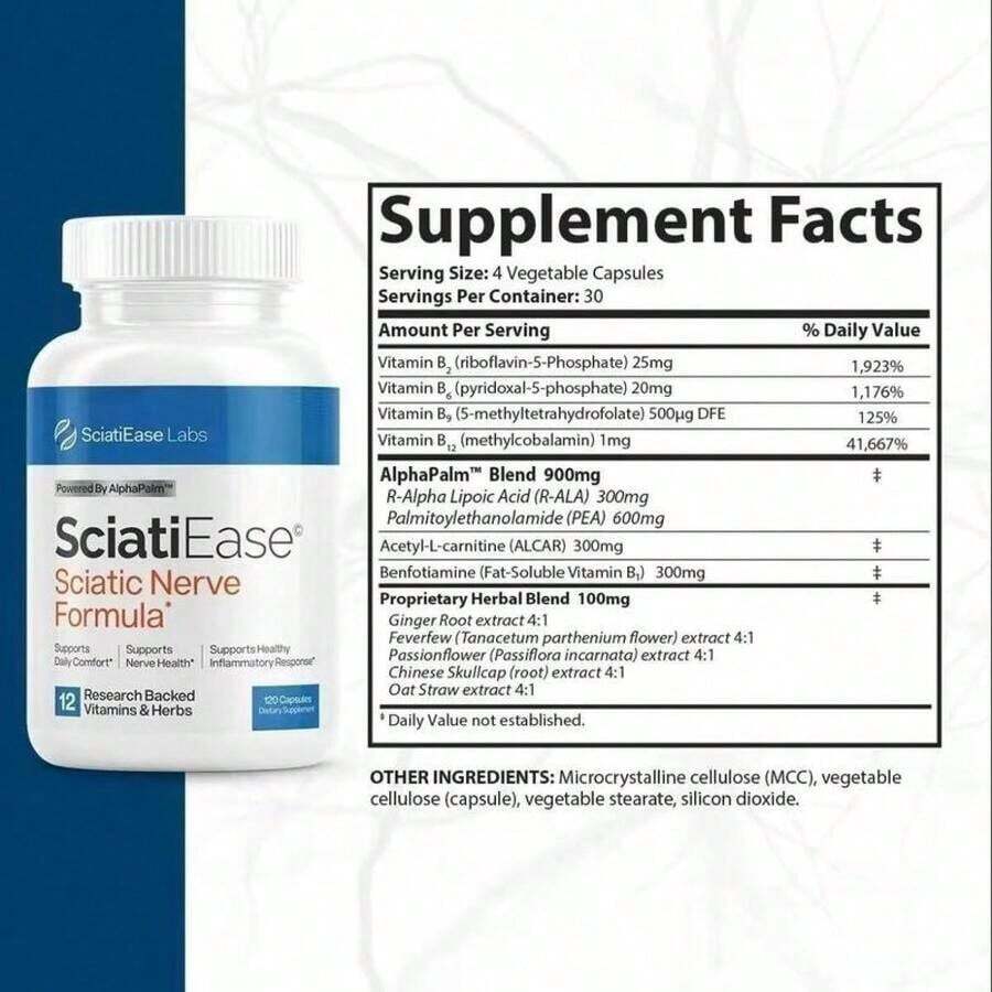 SciatiEase Sciatic Nerve Health Support Supplement - 120 Capsules With AlphaPalm, Pea, Vitamin B Complex, Alpha Lipoic Acid 300mg, Fast-Absorbing Formula For Nerve Comfort - Healthcare Sciatica Relief - 3
