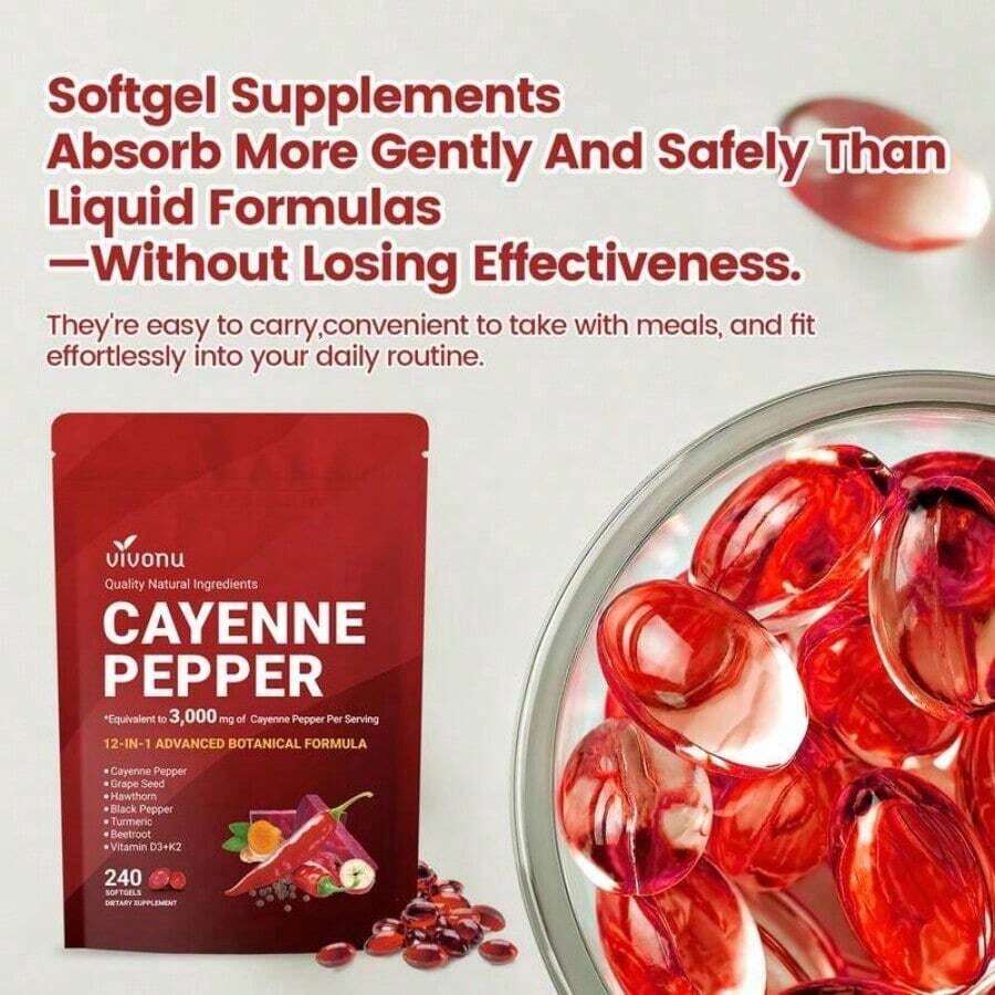 Holiday Haul Cayenne Pepper Softgels Supplement, Supports Leg Vein, Heart And Blood Vessel Health, With Vitamin E D3+K2 And Extracts Of Grape Seed, Hawthorn, Beetroot And Others (240 Softge /1 Bag) - Default Color