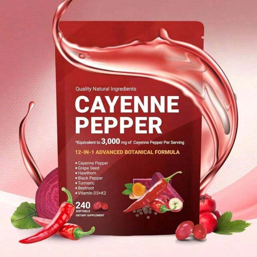 Holiday Haul Cayenne Pepper Softgels Supplement, Supports Leg Vein, Heart And Blood Vessel Health, With Vitamin E D3+K2 And Extracts Of Grape Seed, Hawthorn, Beetroot And Others (240 Softge /1 Bag) - Default Color