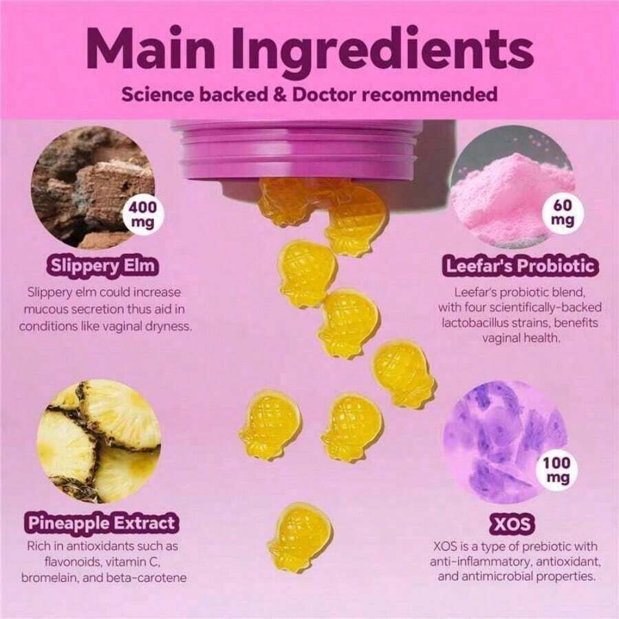 LEEFAR Her Probiotics Gummies- All In One Solution WithSlippery Elm And Prebiotics&Lactobacillus Probiotic Blendfor Women's PH Balance And Dryness -HawaiianPineapple Gummies - Default Color