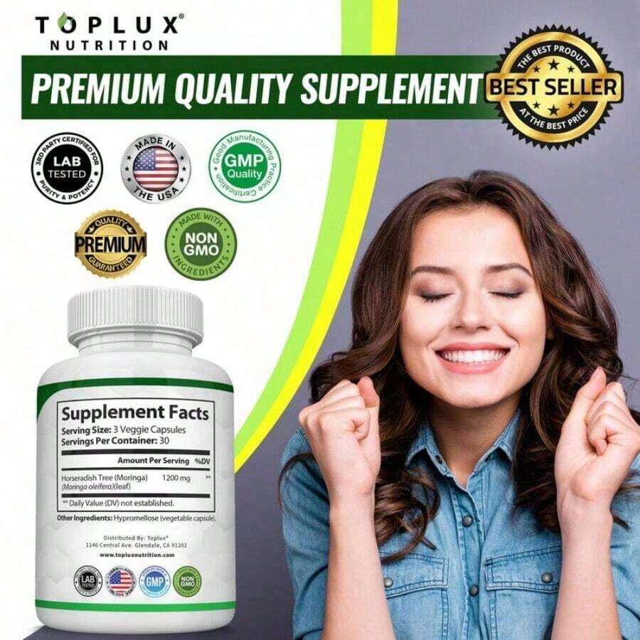 Moringa Capsules 1200mg - Pure Moringa Powder For Immune, Gut Health 90 Capsules - 2PCS