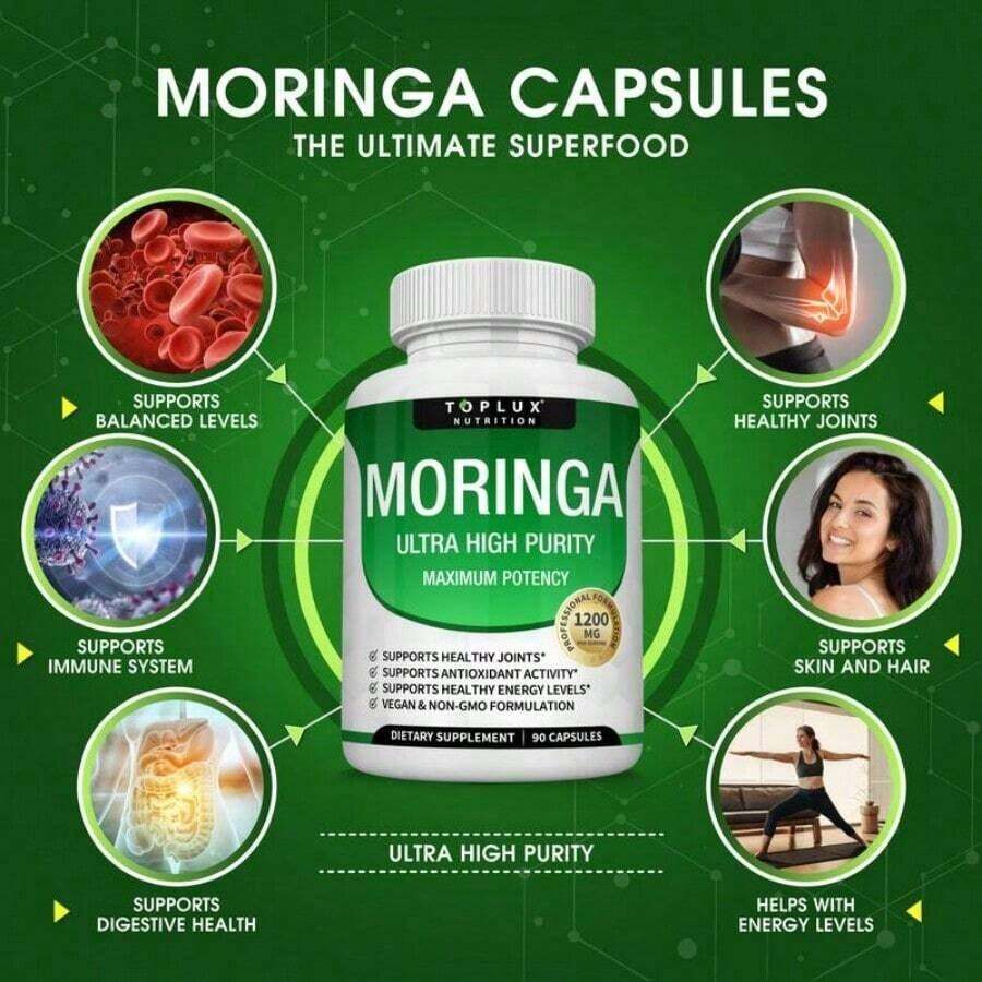 Moringa Capsules 1200mg - Pure Moringa Powder For Immune, Gut Health 90 Capsules - 2PCS