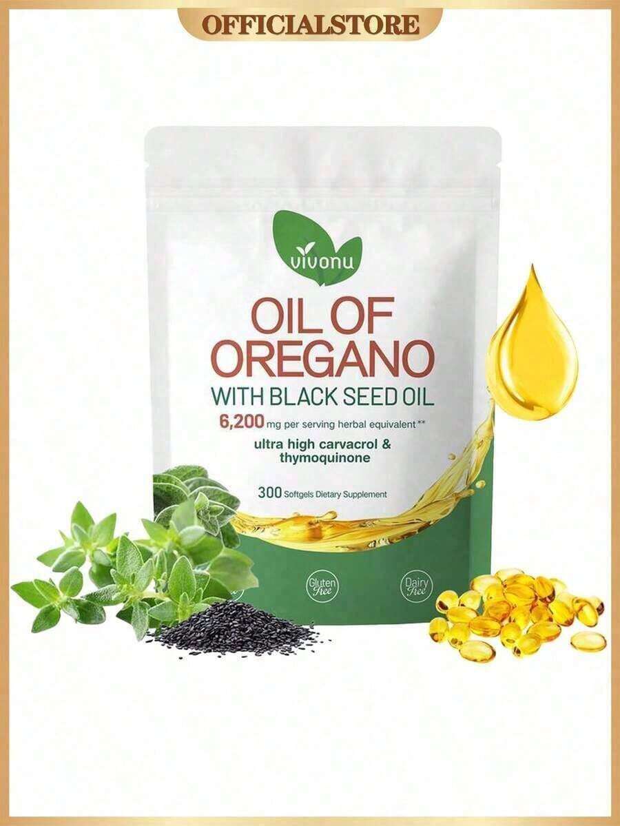 Vivonu Oil Of Oregano With Black Seed Oil Softgels| 6200mg Herbal Equivalent Per Serving| Ultra High Carvacrol & Thymoquinone| 300 Softgels| Gluten & Dairy Free - Default Color