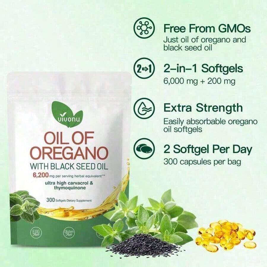 Vivonu Oil Of Oregano With Black Seed Oil Softgels| 6200mg Herbal Equivalent Per Serving| Ultra High Carvacrol & Thymoquinone| 300 Softgels| Gluten & Dairy Free - 2PC
