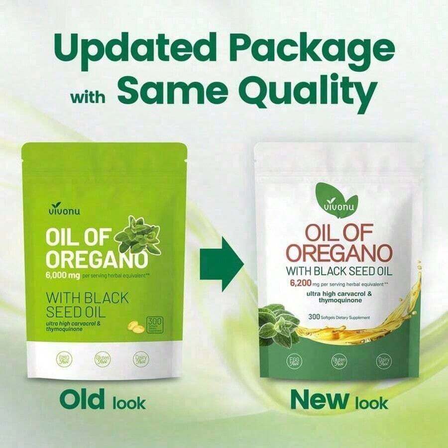Vivonu Oil Of Oregano With Black Seed Oil Softgels| 6200mg Herbal Equivalent Per Serving| Ultra High Carvacrol & Thymoquinone| 300 Softgels| Gluten & Dairy Free - 1PC