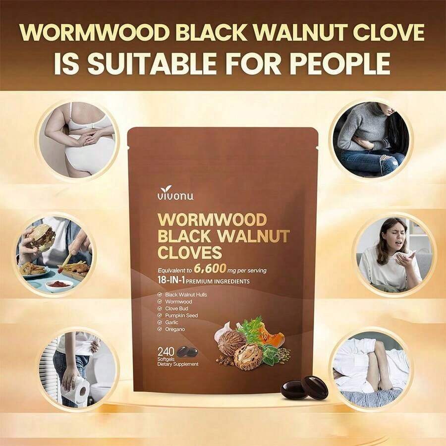 VivoNu Ai Cao Hei Walnut Lilac Capsules, 6600mg Clean, Healthy, And Human Intestinal Protective Supplement, 18 In 1 Herbal Mix, Contains 240 Soft Capsules Of Pumpkin Seeds, Garlic, Oriole, Berberine, Cinnamon, And More - 3bag