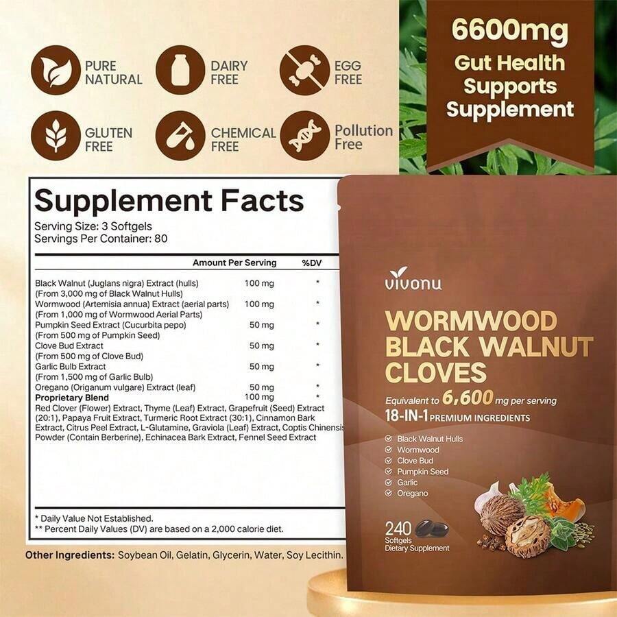VivoNu Ai Cao Hei Walnut Lilac Capsules, 6600mg Clean, Healthy, And Human Intestinal Protective Supplement, 18 In 1 Herbal Mix, Contains 240 Soft Capsules Of Pumpkin Seeds, Garlic, Oriole, Berberine, Cinnamon, And More - 3bag