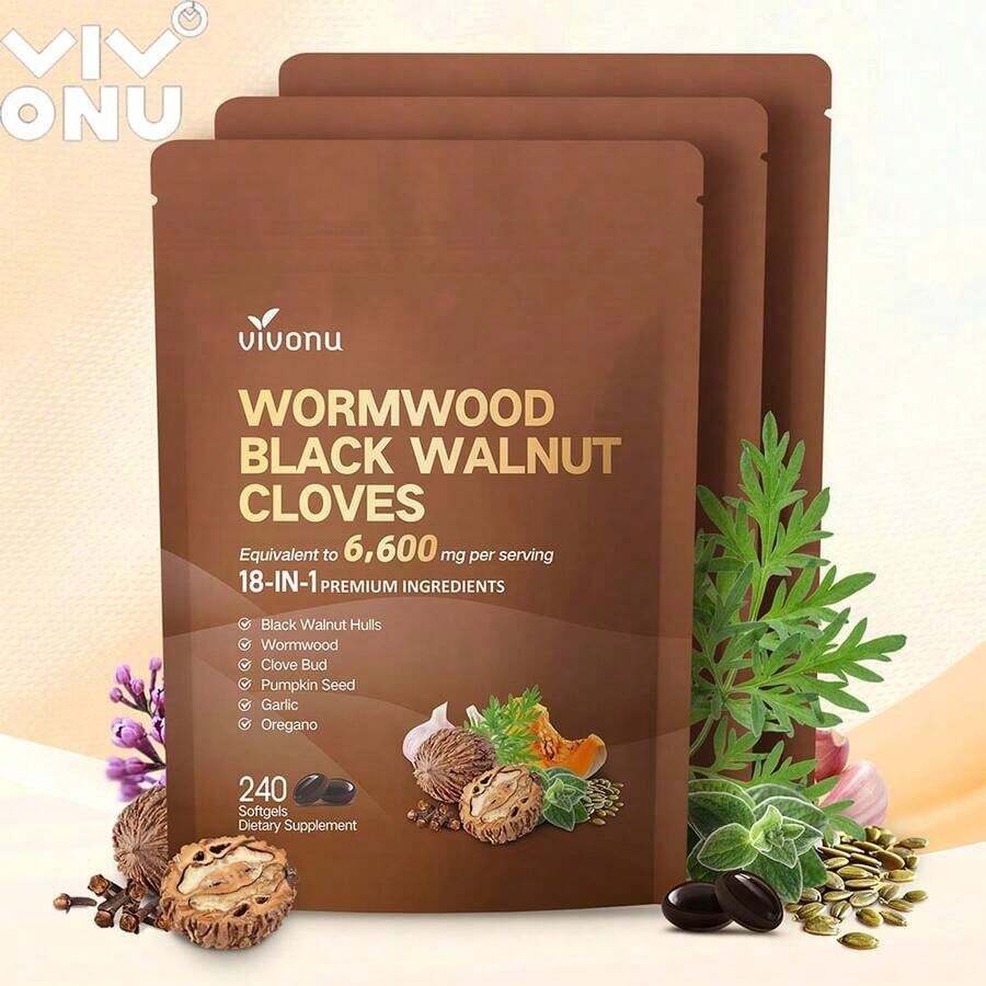 VivoNu Ai Cao Hei Walnut Lilac Capsules, 6600mg Clean, Healthy, And Human Intestinal Protective Supplement, 18 In 1 Herbal Mix, Contains 240 Soft Capsules Of Pumpkin Seeds, Garlic, Oriole, Berberine, Cinnamon, And More - 2 Bags