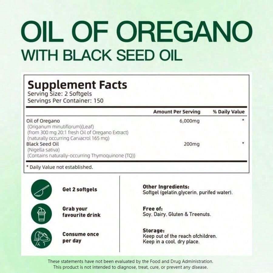 Oil Of Oregano Softgels With Black Seed Oil| Organic Formula With Carvacrol & Thymoquinone| Immune & Respiratory Support| Non-GMO|300 Capsules - 1PC