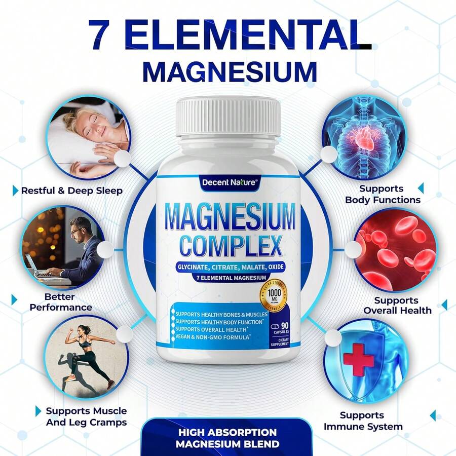 Magnesium Complex 7 Elemental Magnesium Supplement 1000mg – Magnesium Glycinate, Citrate, Malate, Taurate, Oxide, Aspartate, Orotate Non-GMO 90 Capsules - Vr1
