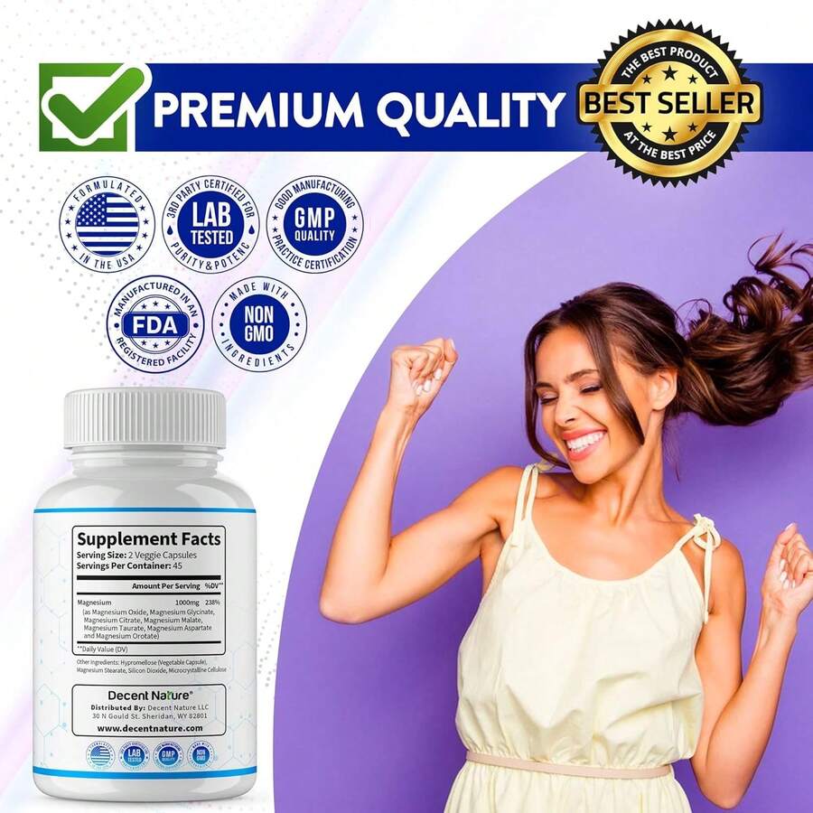 Magnesium Complex 7 Elemental Magnesium Supplement 1000mg – Magnesium Glycinate, Citrate, Malate, Taurate, Oxide, Aspartate, Orotate Non-GMO 90 Capsules - Vr1