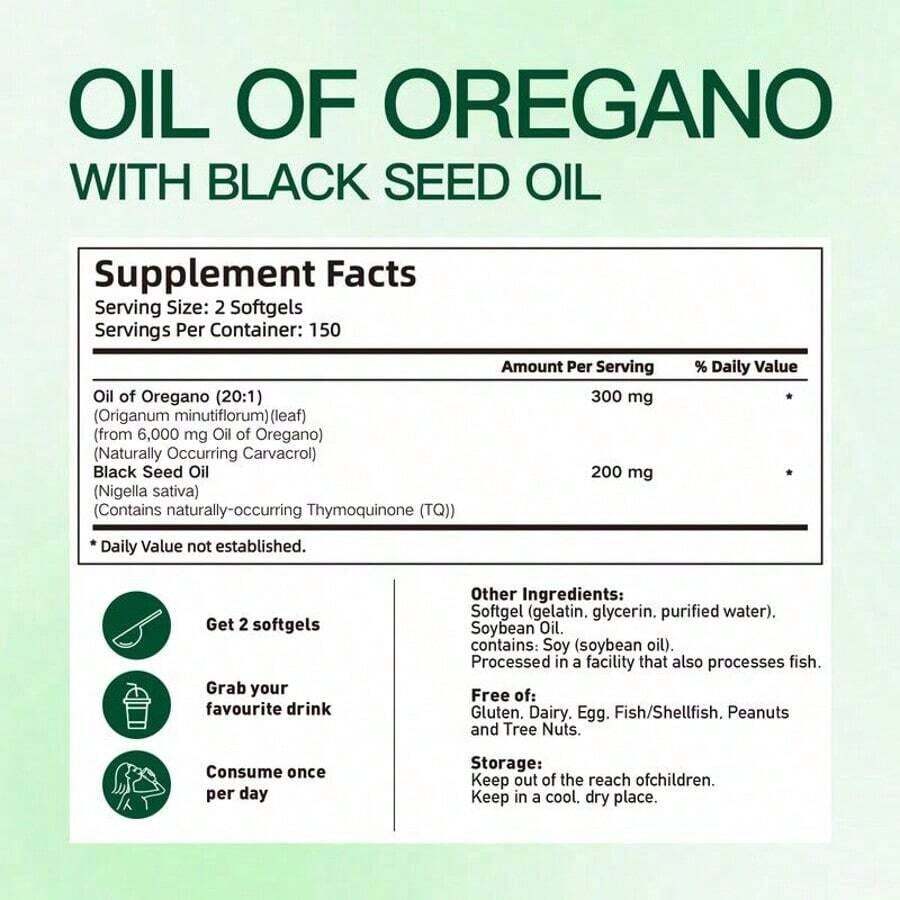 OIL OF OREGANO--WITH BLACK SEED OIL | 6,200mg Per Serving Herbal Equivalent** | Ultra High Carvacrol &Thymoquinone | 300 Softgels Dietary Supplement - Default Color