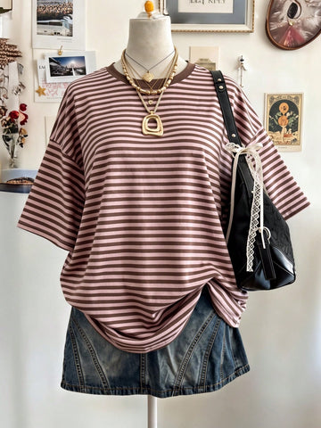 Lalippa Women's Oversized Striped Graphic T-Shirt – Digital Print Casual Drop Shoulder Mid-Length Crew Neck Tee | Gift for Friends3