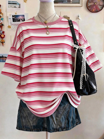 Lalippa Women's Oversized Striped Graphic T-Shirt – Digital Print Casual Drop Shoulder Mid-Length Crew Neck Tee | Gift for Friends
