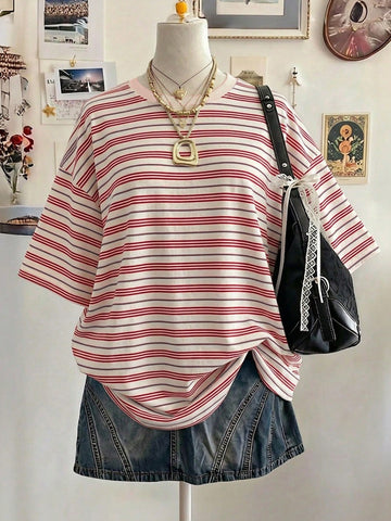 Lalippa Women's Oversized Striped Graphic T-Shirt – Digital Print Casual Drop Shoulder Mid-Length Crew Neck Tee | Gift for Friends2