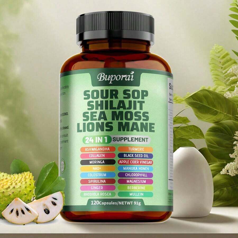 BUPORAI Soursop Shilajit Sea Moss Lion's Mane - Has Natural Antioxidant Properties To Boost Immunity And Support Cell Regeneration - 120pcs - 3 Bottle