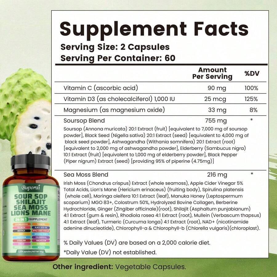 BUPORAI Soursop Shilajit Sea Moss Lion's Mane - Has Natural Antioxidant Properties To Boost Immunity And Support Cell Regeneration - 120pcs - Default Color