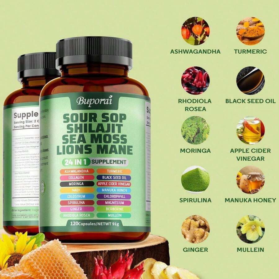 BUPORAI Soursop Shilajit Sea Moss Lion's Mane - Has Natural Antioxidant Properties To Boost Immunity And Support Cell Regeneration - 120pcs - 3 Bottle