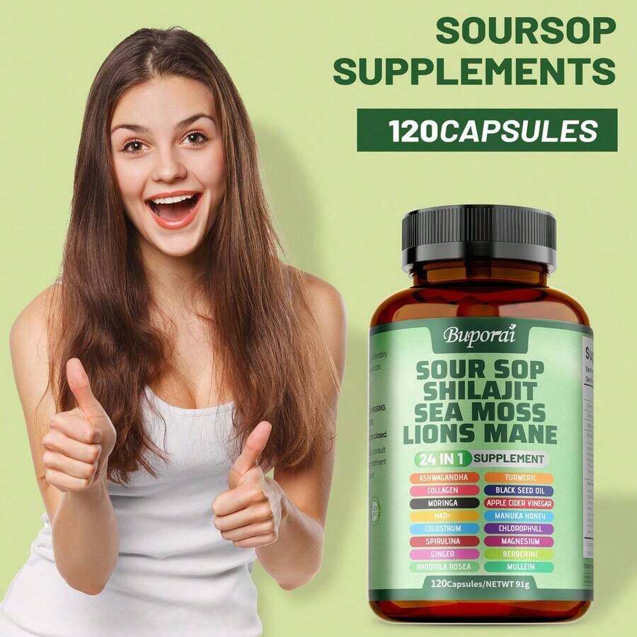 BUPORAI Soursop Shilajit Sea Moss Lion's Mane - Has Natural Antioxidant Properties To Boost Immunity And Support Cell Regeneration - 120pcs - 3 Bottle