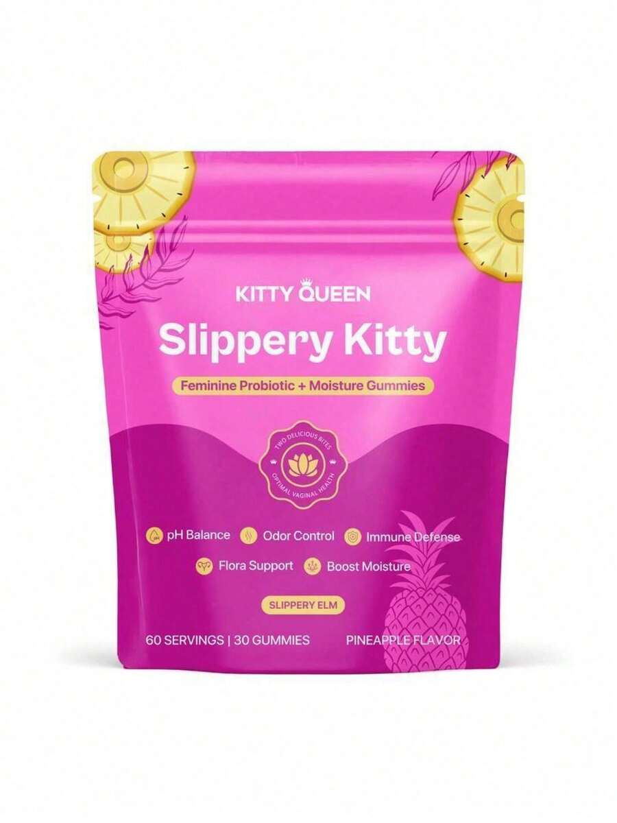 Slippery Kitty Feminine Probiotic + Moisture Gummies - All In One Solution With Slippery Elm 60 Count Pineapple Flavor - Default Color