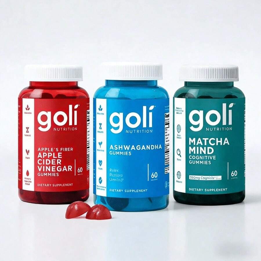 Goli 3 Bottle Best Seller Bundle: Ashwagandha KSM-66 Adaptogen + Apple Cider Vinegar Detox + Matcha Mind With Cognizin For Brain Health - Vitamins D2 & B12 Included - Default Color