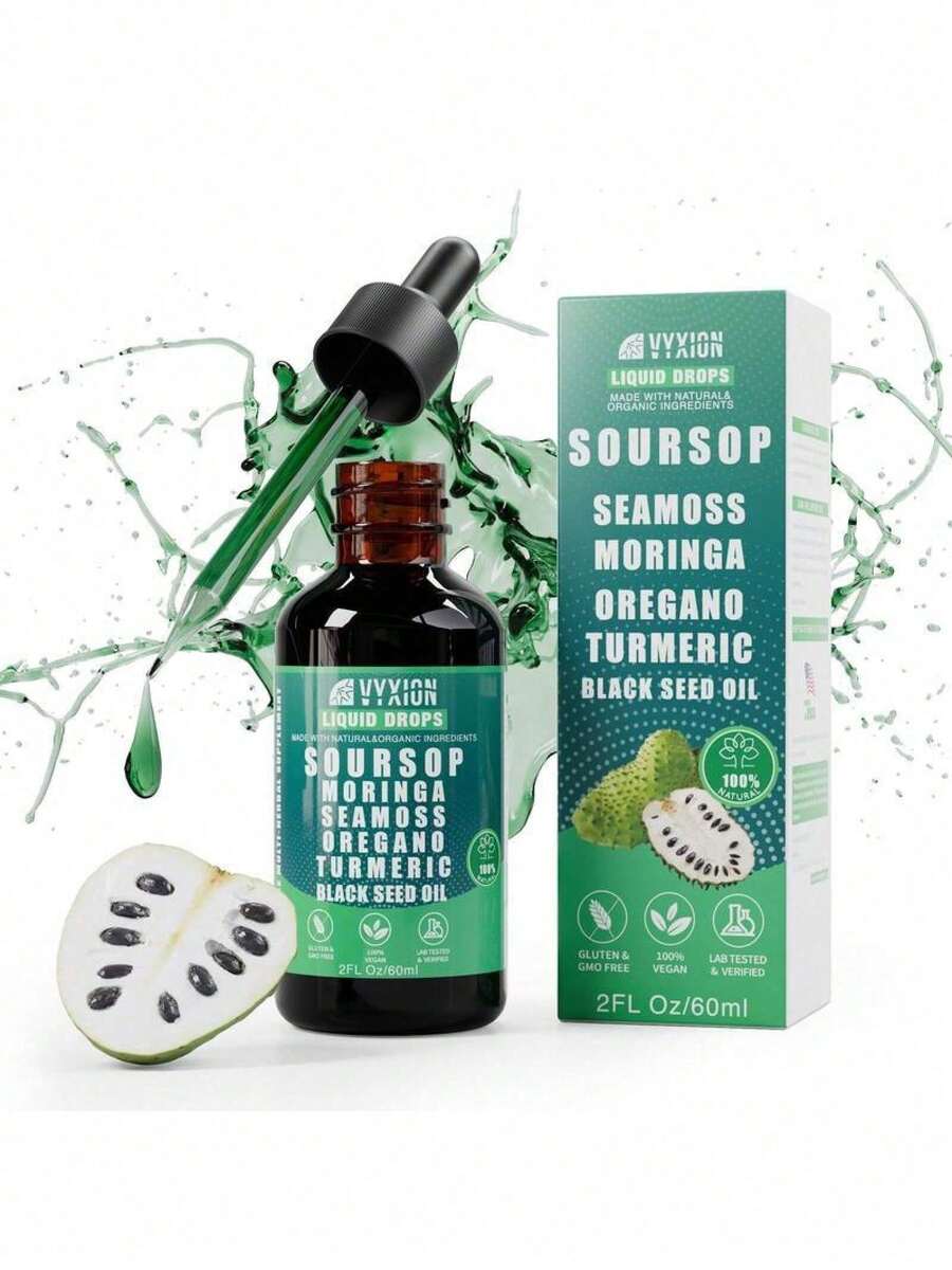 Soursop Bitters Liquid Drops 10-In-1 With Nori, Moringa, Turmeric, Black Seed Oil, Oregano, Ashwagandha| Herbal Extracts For Overall Health| Vegan, Non-GMO| 2 Fl Oz - Default Color