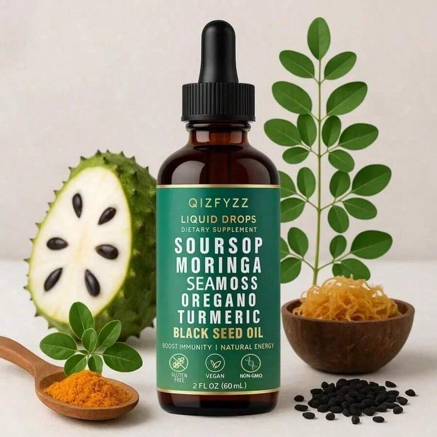 Soursop Bitters Natural Herbal Liquid Drops (10-In-1 Formula, 2 Fl. Oz) - Vegan & Non-GMO |     Infused With Nori, Moringa, Turmeric, Black Seed Oil, Oregano & Ashwagandha |     Supports Overall Wellness - Default Color