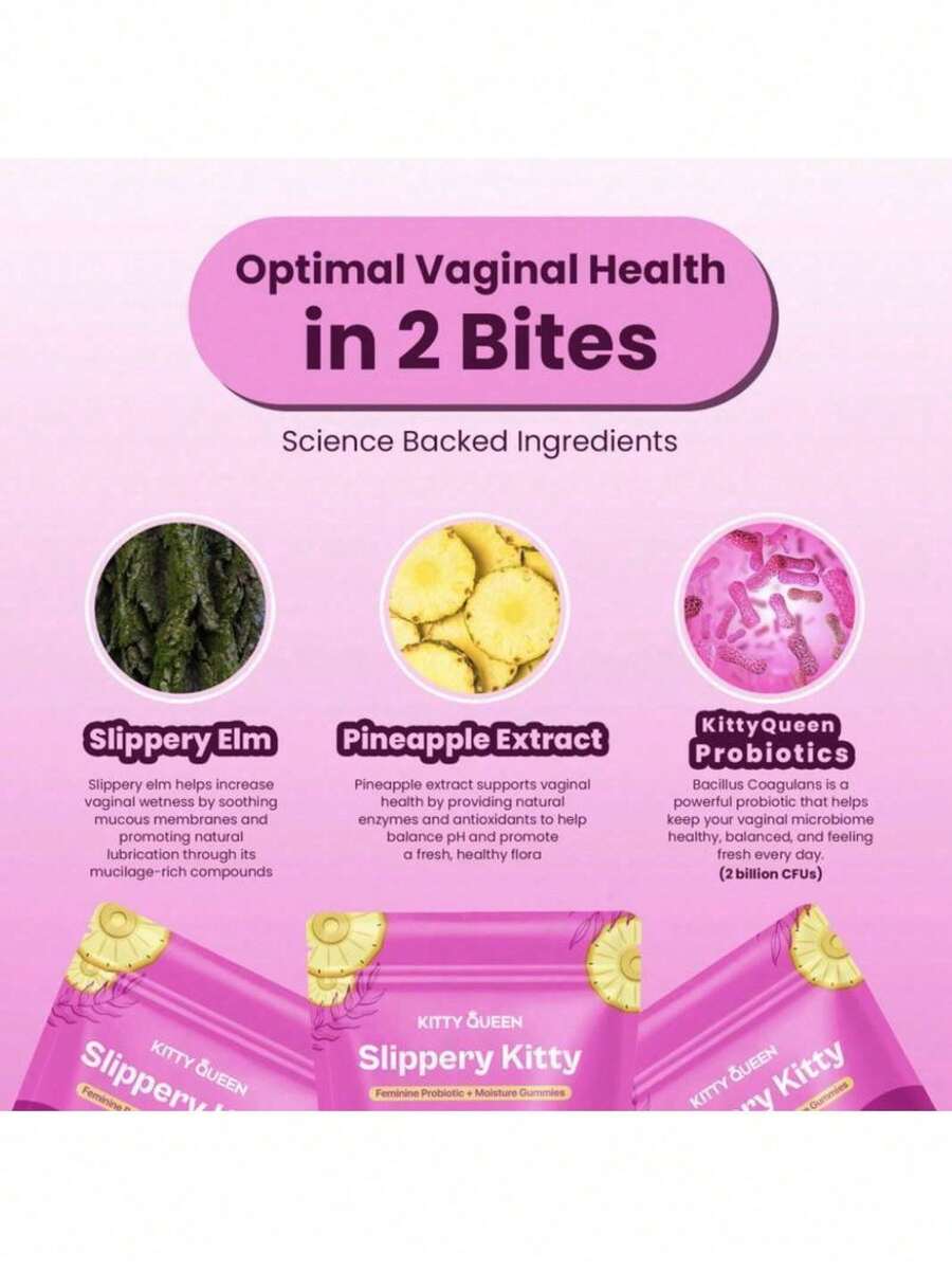 Slippery Kitty Feminine Probiotic + Moisture Gummies - All In One Solution With Slippery Elm 60 Count Pineapple Flavor - Default Color