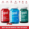 Goli 3 Bottle Best Seller Bundle: Ashwagandha KSM-66 Adaptogen + Apple Cider Vinegar Detox + Matcha Mind With Cognizin For Brain Health - Vitamins D2 & B12 Included - Default Color