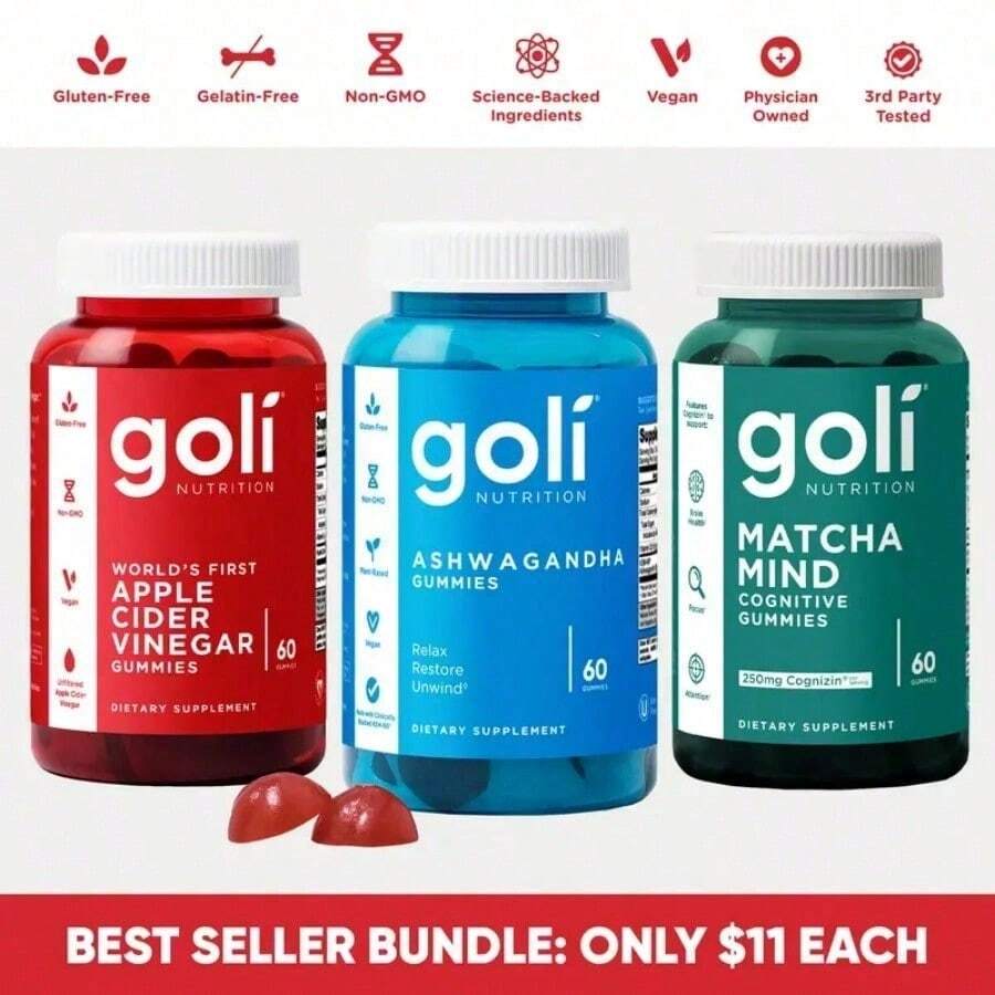 Goli 3 Bottle Best Seller Bundle: Ashwagandha KSM-66 Adaptogen + Apple Cider Vinegar Detox + Matcha Mind With Cognizin For Brain Health - Vitamins D2 & B12 Included - Default Color