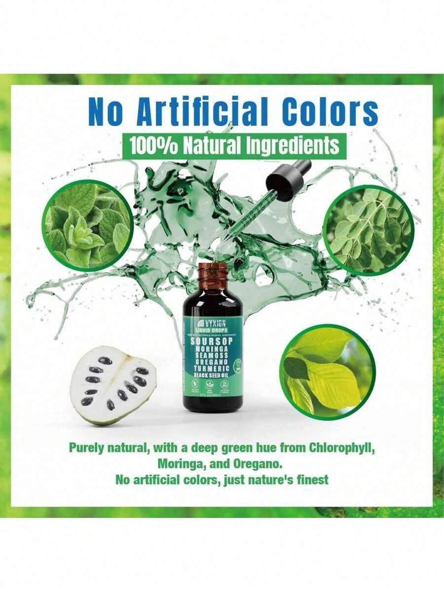 Soursop Bitters Liquid Drops 10-In-1 With Nori, Moringa, Turmeric, Black Seed Oil, Oregano, Ashwagandha| Herbal Extracts For Overall Health| Vegan, Non-GMO| 2 Fl Oz - 3