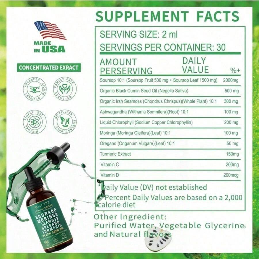Soursop Bitters Natural Herbal Liquid Drops (10-In-1 Formula, 2 Fl. Oz) - Vegan & Non-GMO |     Infused With Nori, Moringa, Turmeric, Black Seed Oil, Oregano & Ashwagandha |     Supports Overall Wellness - Default Color